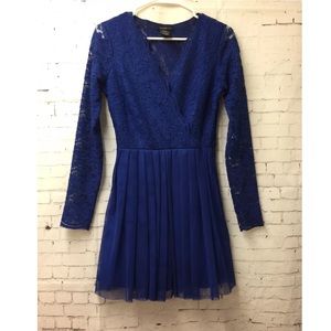 Teeze Me Blue Lace Long Sleeve Mini V-Neck Dress